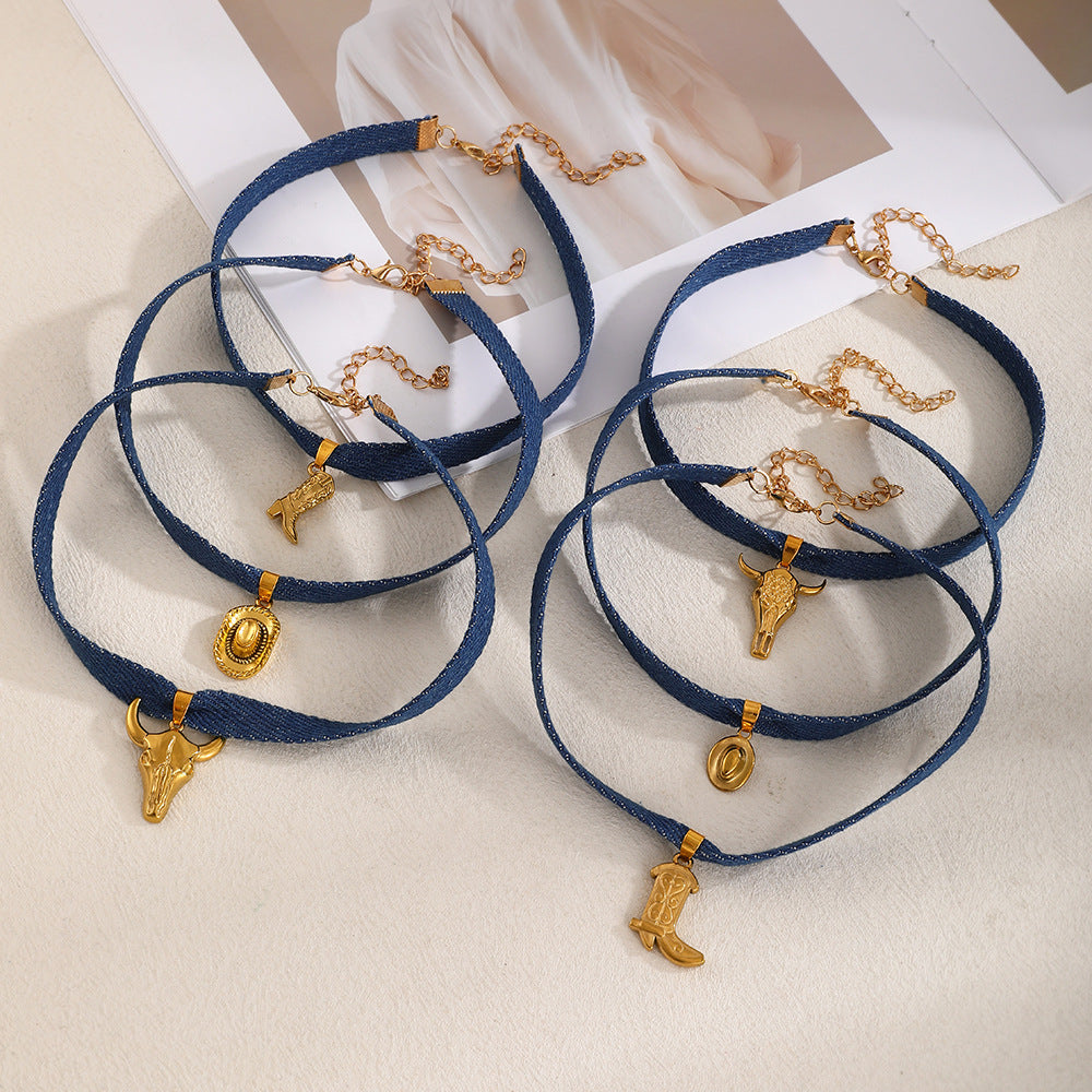 Wholesale retro gothic short velvet bull head pendant necklace