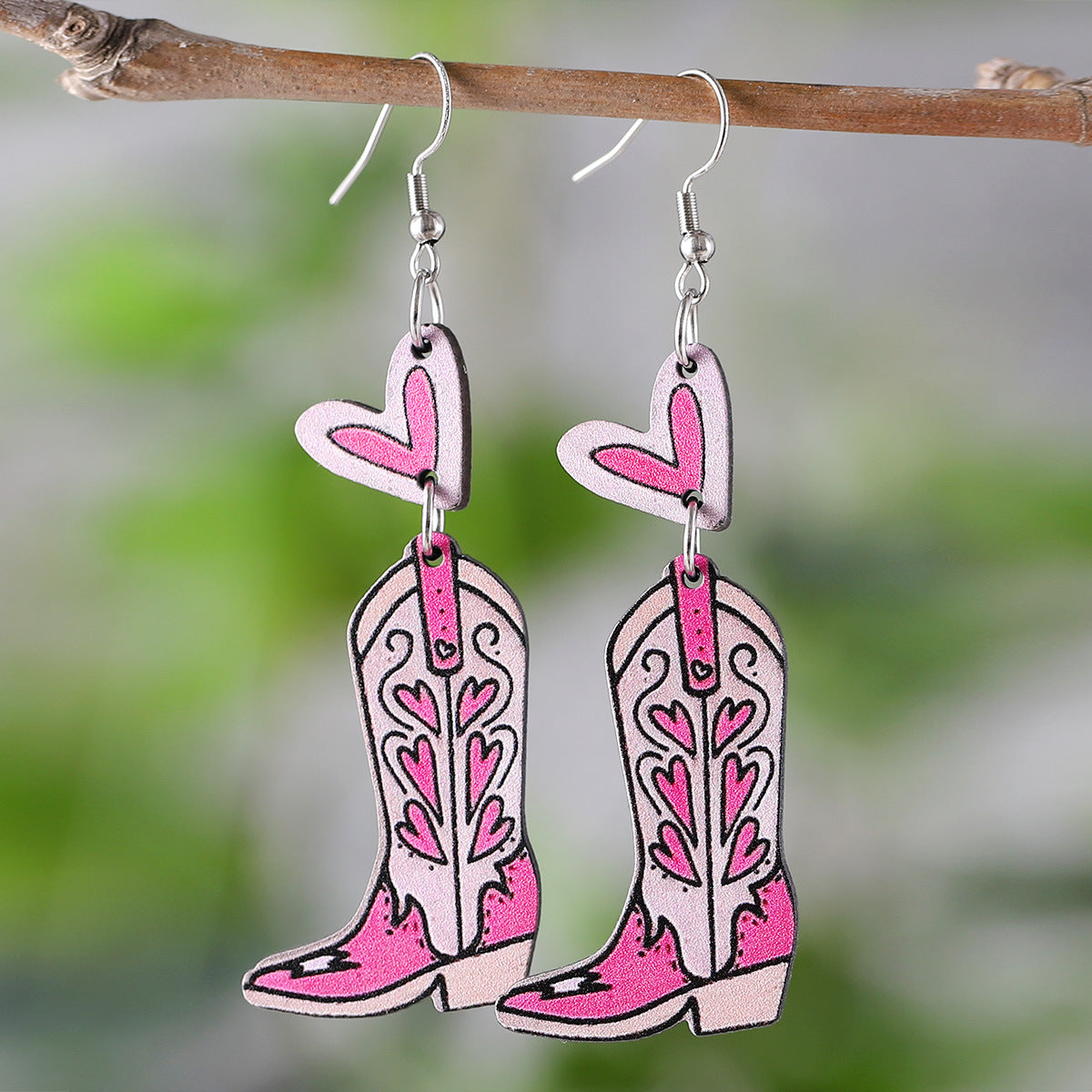 Wholesale Western Style Pink Heart Tassel Cowboy Boots Wood Double-Sided Earrings ACC-ES-ChuLian076