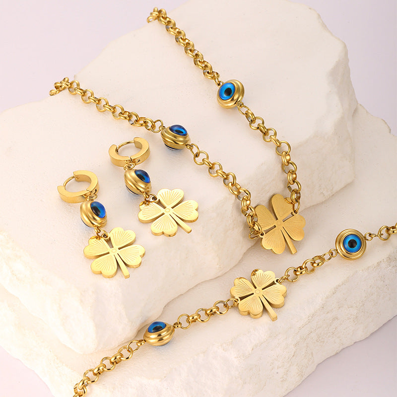 Wholesale Stainless Steel Jewelry Set Evil Eye Four Leaf Clover Necklace Earrings Bracelet ACC-NE-YunHe002