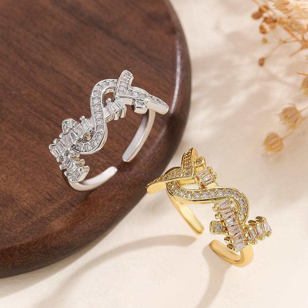 Wholesale Chic Women S Letter Open Ring Gold Tone Zircon Fashion Jewelry Accessory