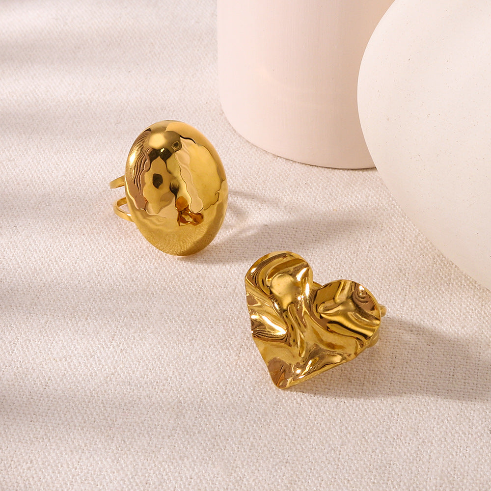 Wholesale 18K Gold Love Heart Shaped Wrinkled Oval Geometric Matte Titanium Steel Ring