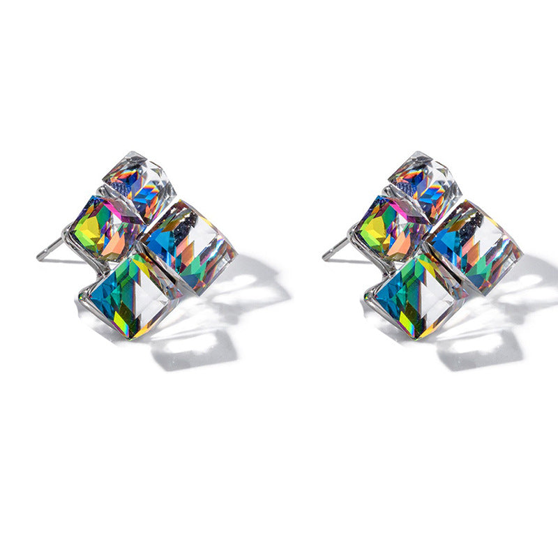 Wholesale Square Light Luxury Sterling Silver Needle Crystal Colorful Earrings ACC-ES-JiuJia004