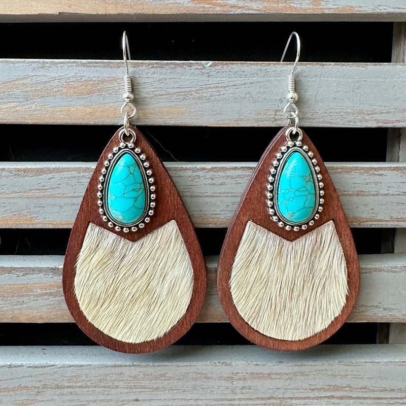 Wholesale Western Style Genuine Leather Leopard Print Embossed Cow Print Droplet Shaped Earrings ACC-ES-XinChuan005