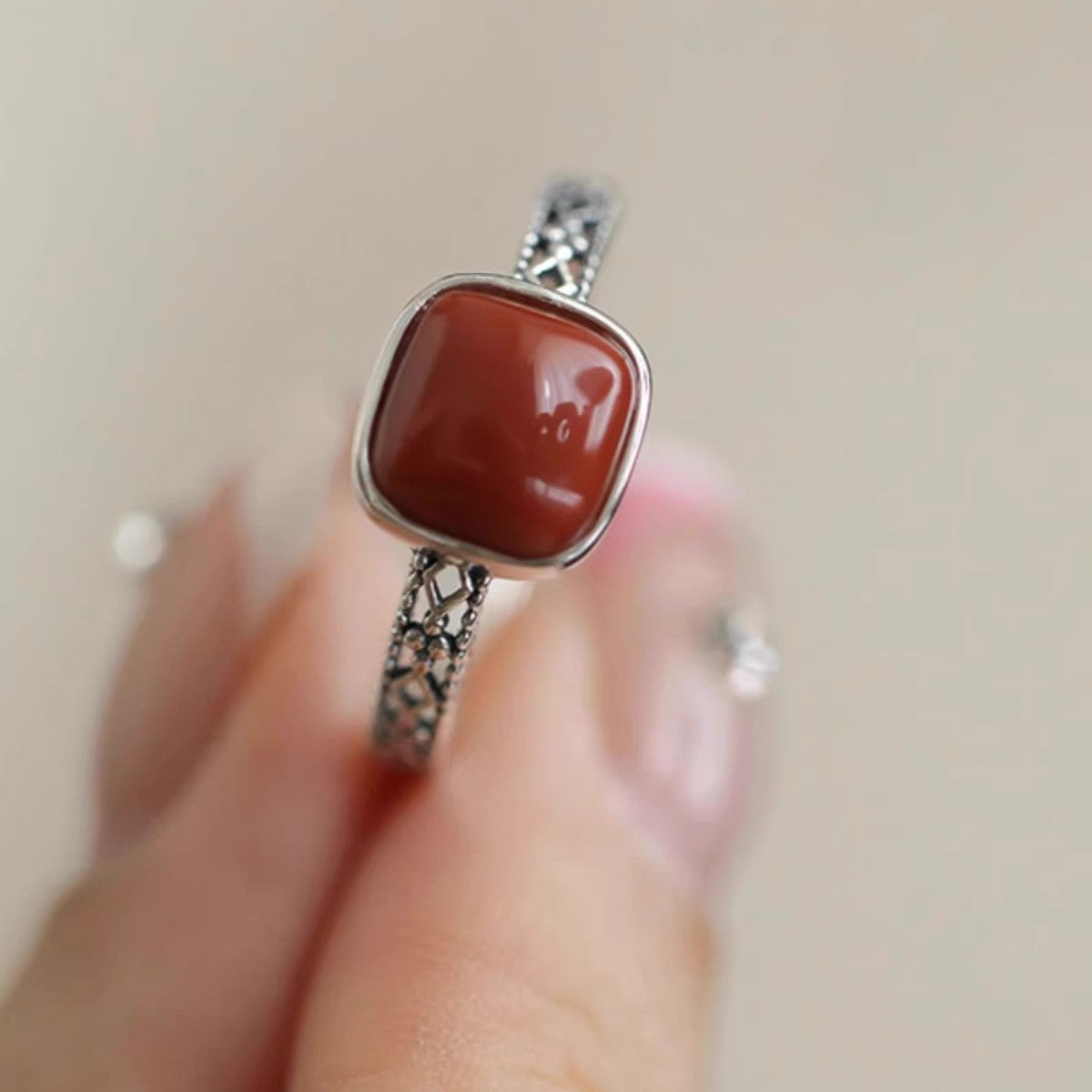 Wholesale 925 Sterling Silver Southern Red Agate Small Square Sugar Ring