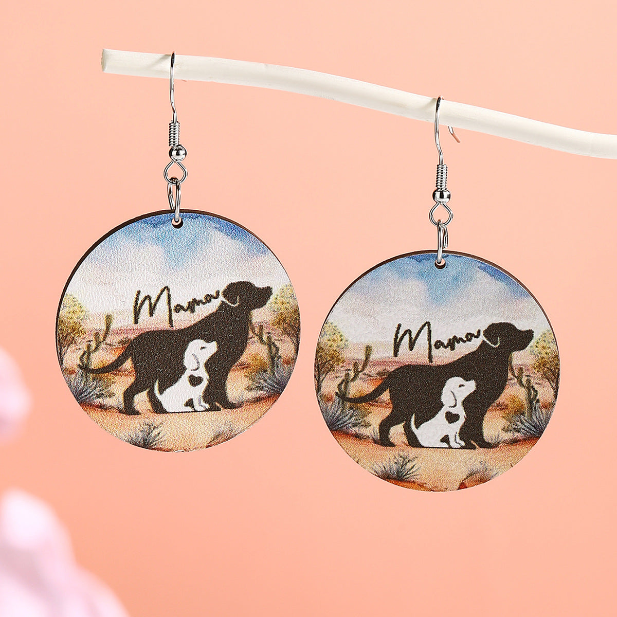 Wholesale  Round Wooden Earrings Animal Elements Printing Earrings