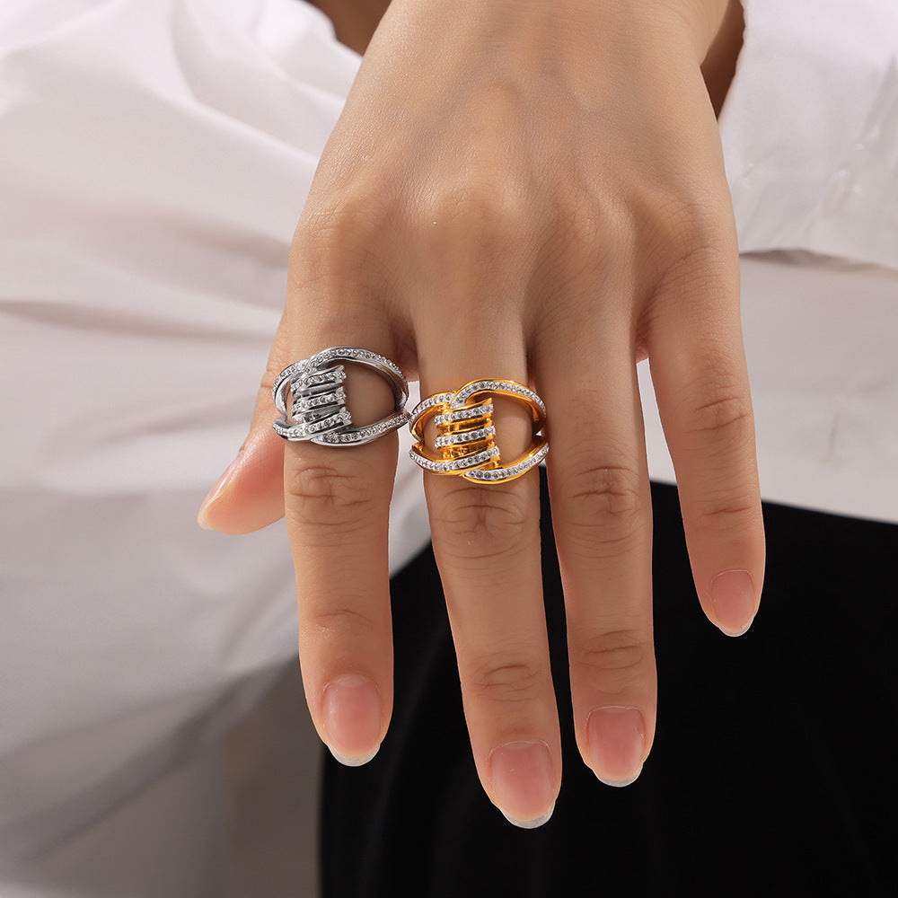 Wholesale geometric double splicing ring titanium steel plated 18k gold inlaid full diamond ring