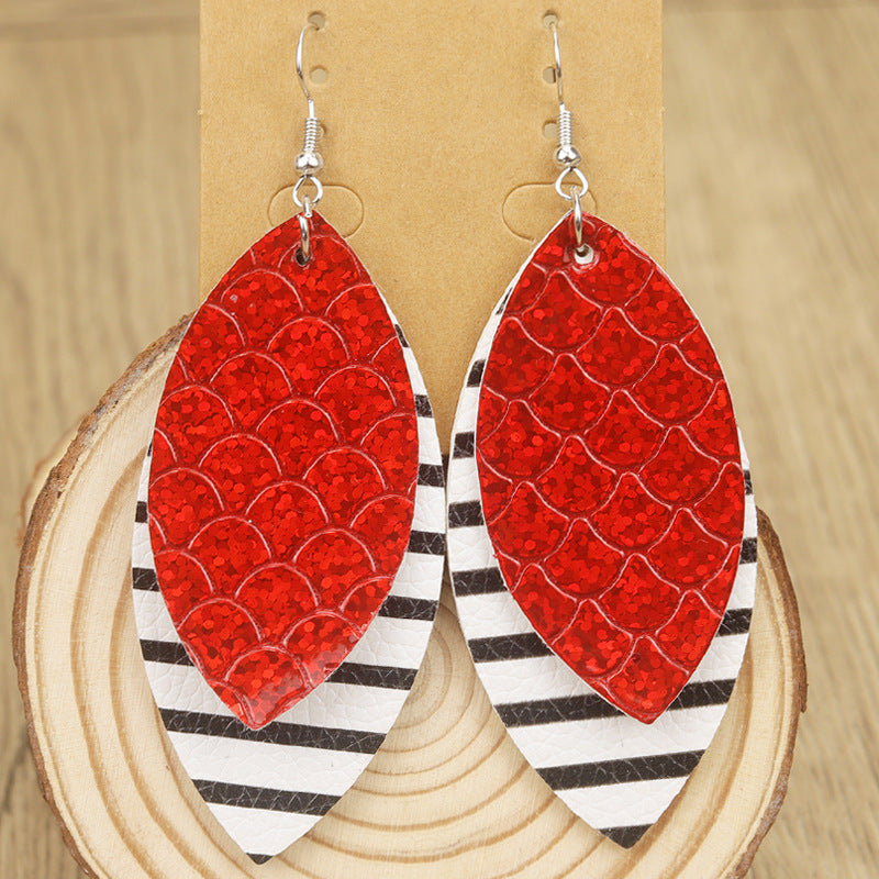 Wholesale  Bohemian Style Multi-Layered Leopard Print Striped Leaf Shape Women's Leather Earrings