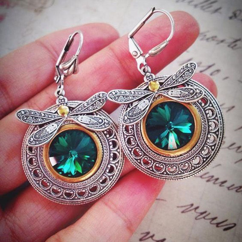 Wholesale Creative new insect dragonfly long earrings metal inlaid moonstone earrings