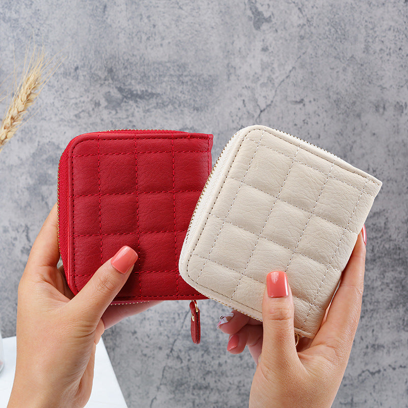 Wholesale Trendy Korean Style Women S Small Wallet White PU Leather ed Checkered Multi Card Slots Zip Buckle Cute Student Coin Purse Fashion Accessory