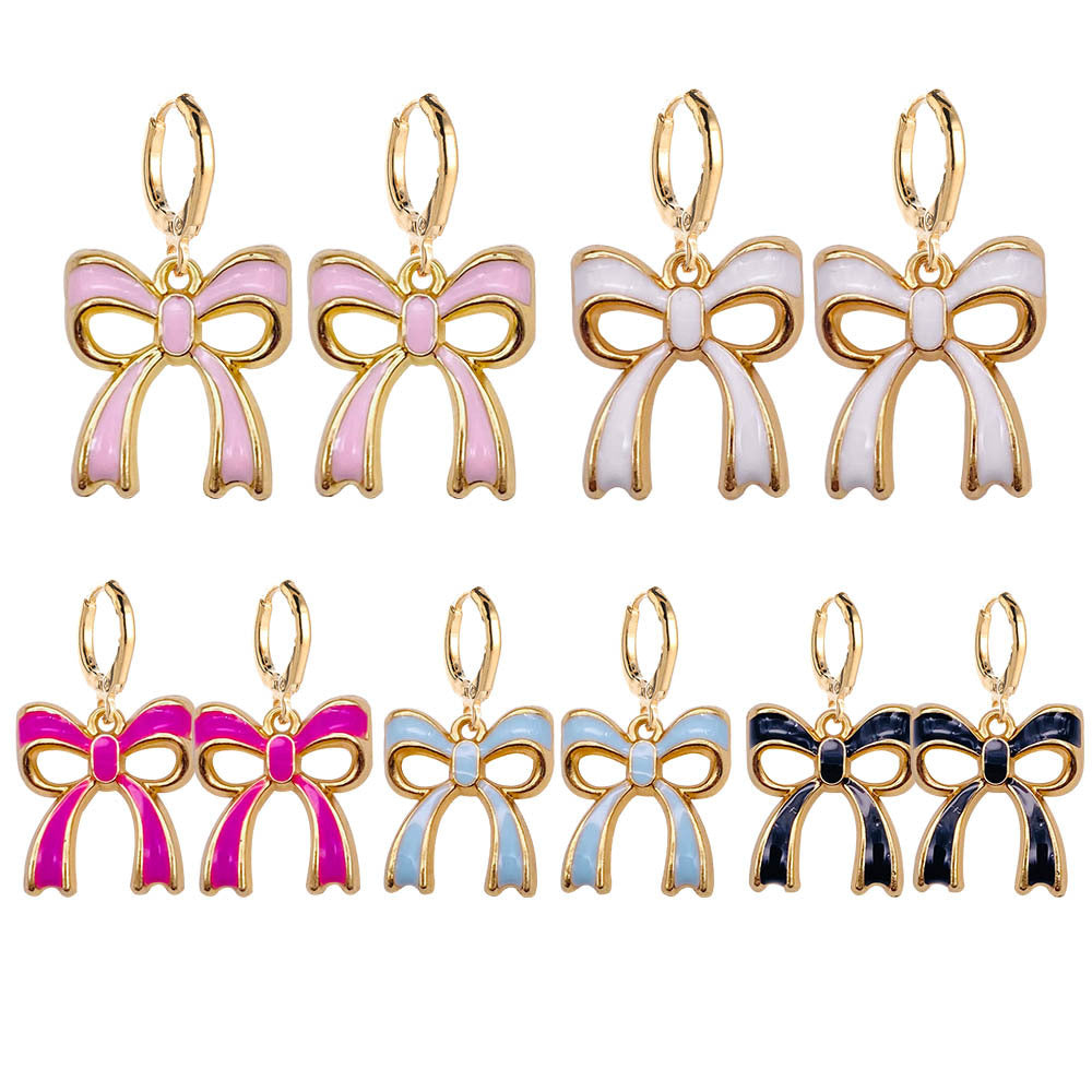 Wholesale Valentine's Day Water Drop Oil Painted Bowknot Pendant Earrings