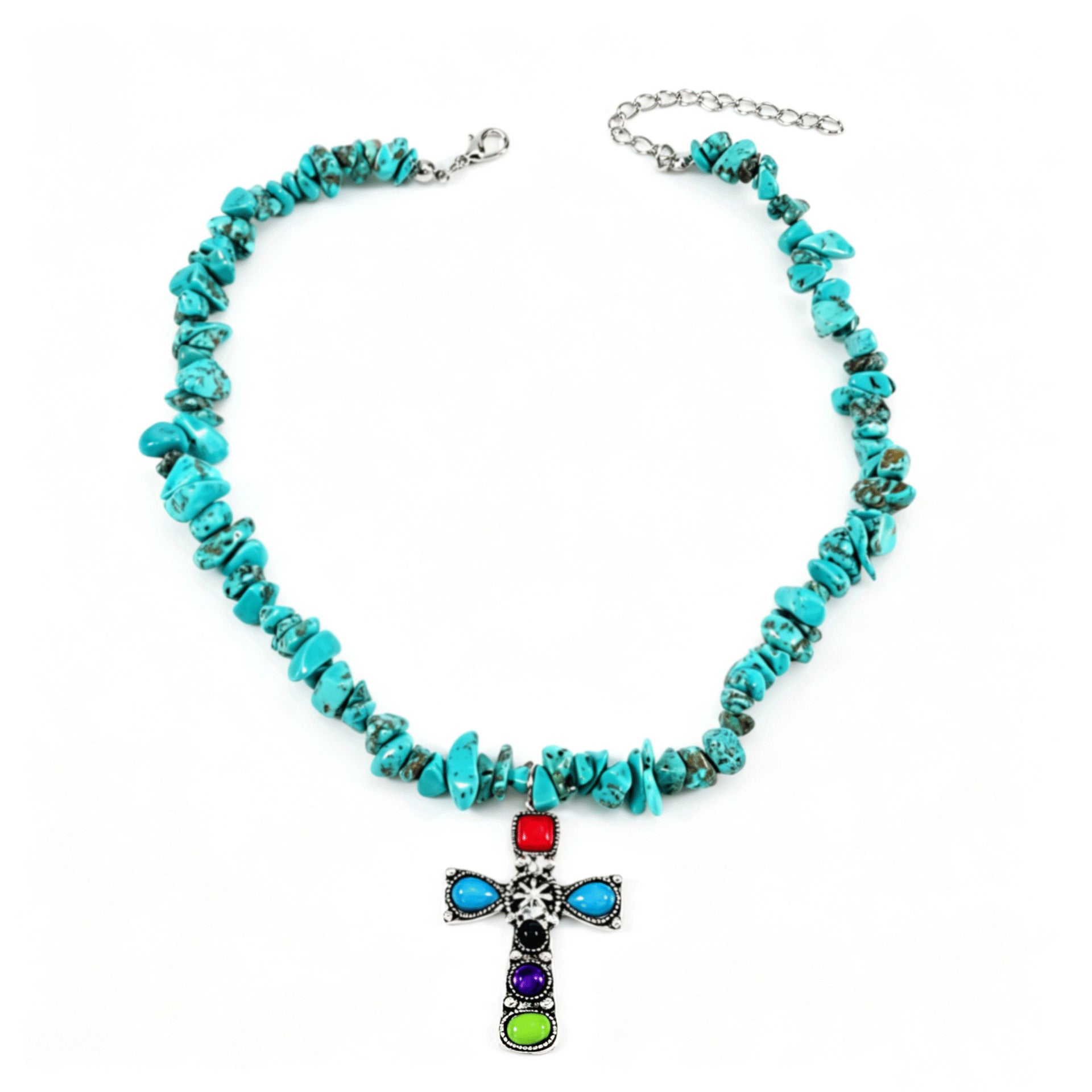 Wholesale Retro Turquoise Chip Stone Cross Pendant Choker Necklace Chic Fashion Jewelry Accessory For Gift Boutique Resale