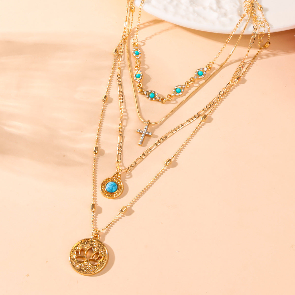 Wholesale Bohemian Multi-Layer Stacked Necklace Gold Electroplated Alloy Cross Pendant Women Fashion Accessory Gift