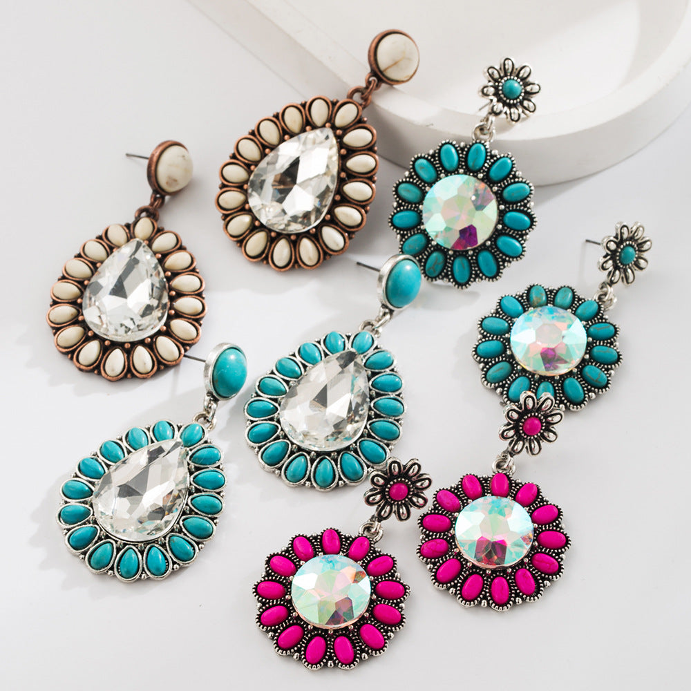 Wholesale Alloy Retro Turquoise Earrings with Glass Diamonds - Trendy Fashion Accessory