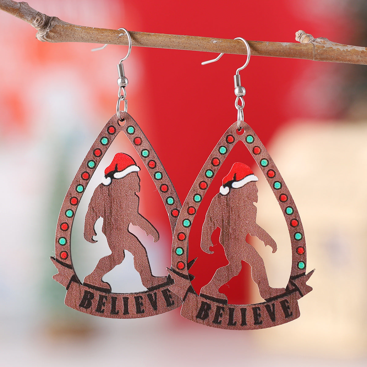 Wholesale Christmas Fireplace Santa Claus Bigfoot Wood Double Sided Earrings ACC-ES-ChuLian075