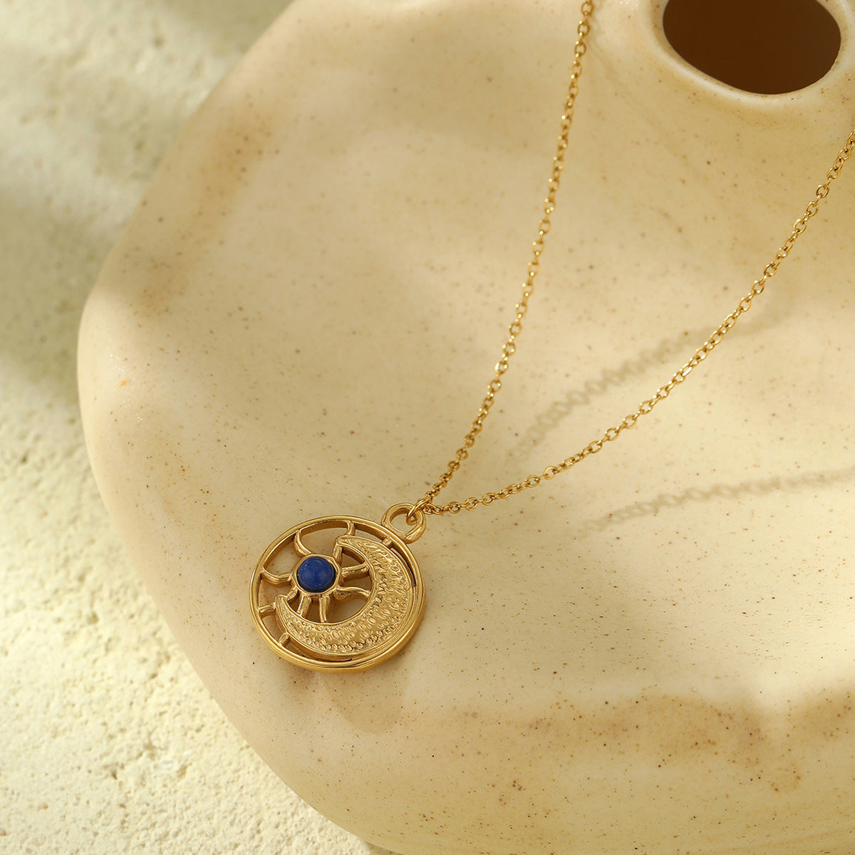 Wholesale  Devil's Eye Sun Moon Disc Natural Stone Pendant 18K True Gold Stainless Steel Necklaces