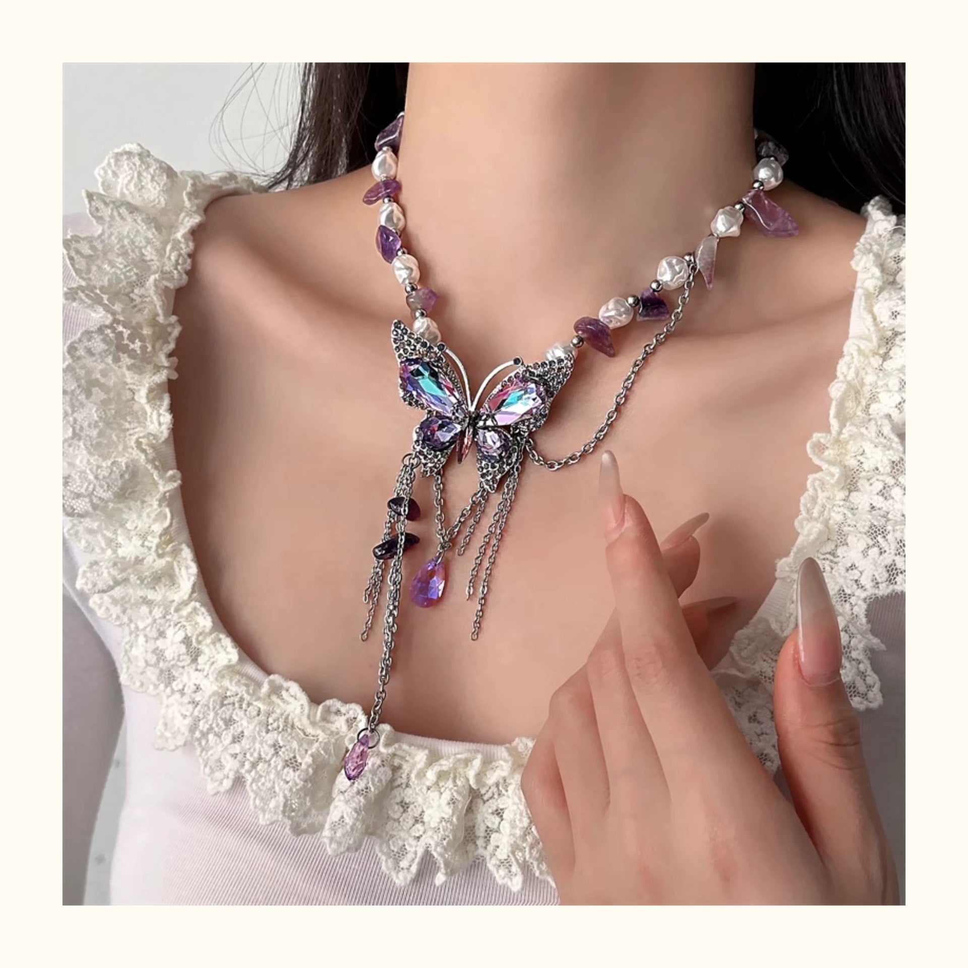 Wholesale Purple Zircon Butterfly Beaded Necklace