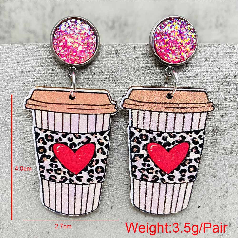 Wholesale Valentine's Day  Creative Leopard Love Coffee Cup Acrylic Earrings