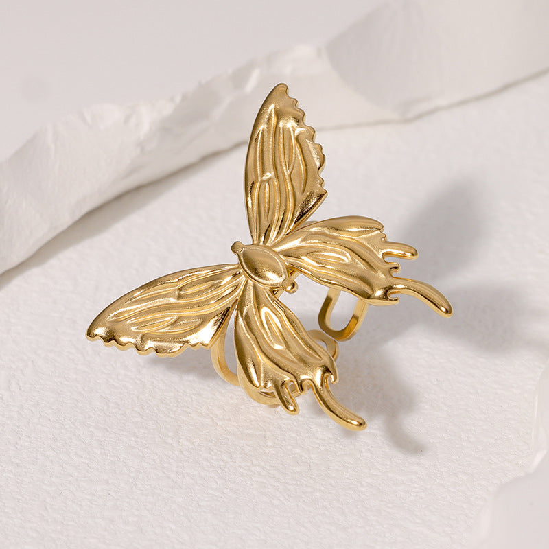 Wholesale Trendy Butterfly Open Ring Stainless Steel Gold Plated Women S Fashion Jewelry Accessory Boutique Resale Gift