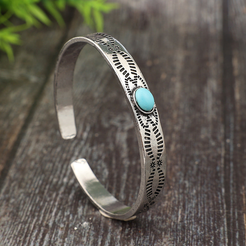 Wholesale Vintage Bohemian Turquoise Bangle Bracelet Antique Silver Tone Alloy Electroplated Jewelry Accessory