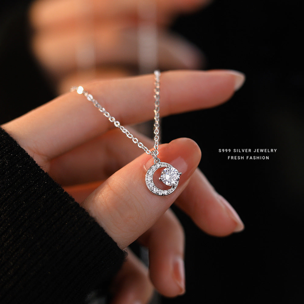 Wholesale s999 Silver Crescent Shiny Zircon Necklace