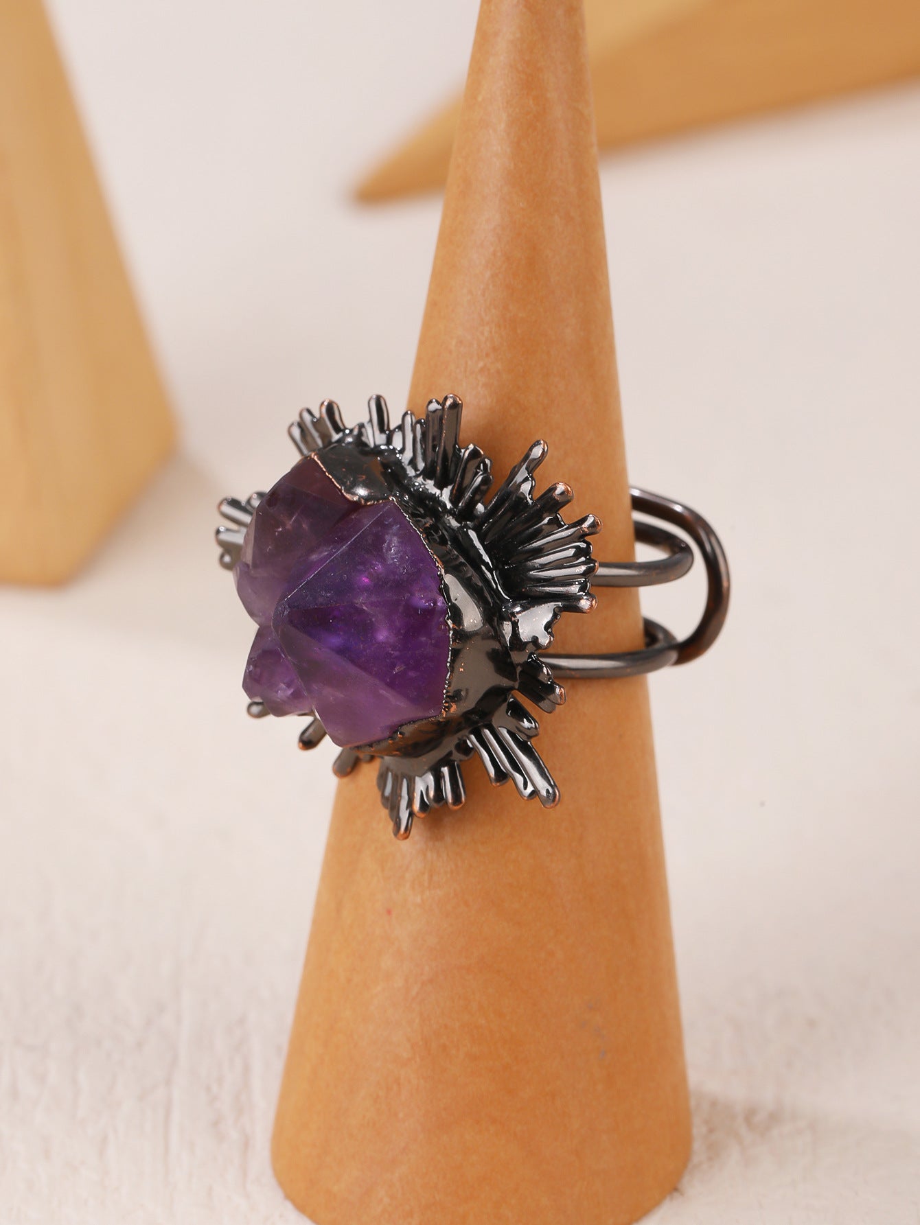 Wholesale  retro style natural amethyst Bud Purple Jade Flower opening bronze plating adjustable personality  ring