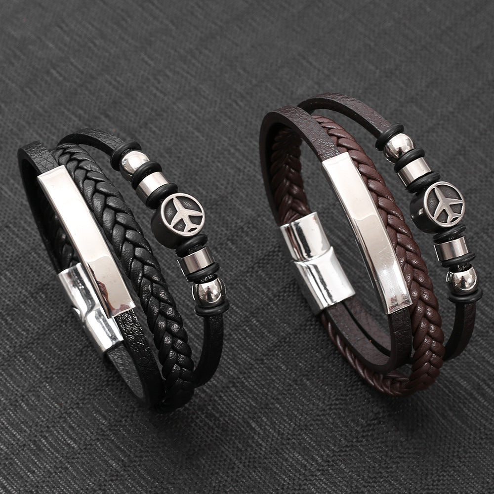 Wholesale Trendy Men S Woven Faux Leather Bracelet With Magnetic Clasp Black Punk Style Jewelry Accessory Gift