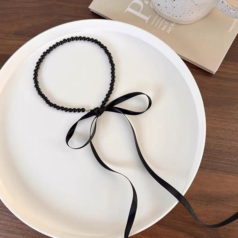 Wholesale Black Bow Tie-up Pearl Necklace Clavicle Chain Necklace