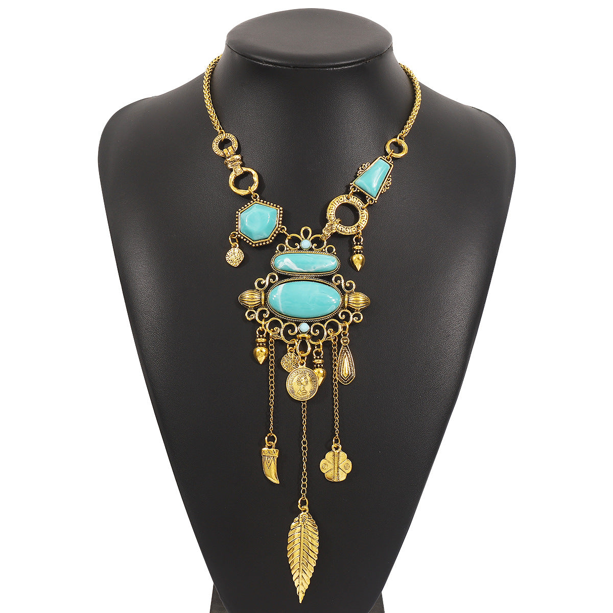 Wholesale  exaggerated pattern inlaid turquoise alloy necklace
