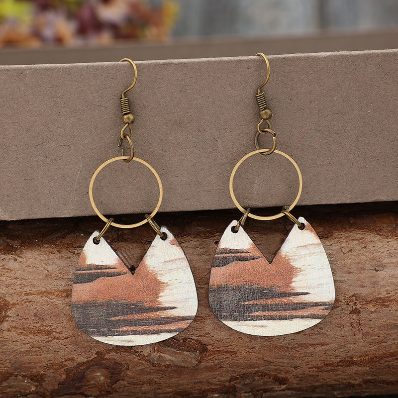 Wholesale  Retro Geometric Wood Chip Spliced Alloy Circle Wooden Earrings