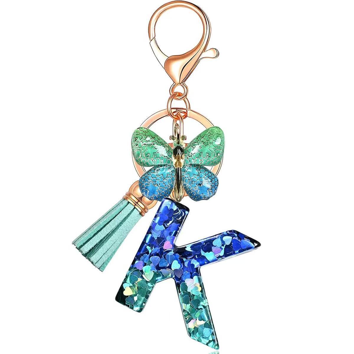 Wholesale Resin Alphabet Keychain With Butterfly Tassel Blue Gradient Vacation Style Fashion Accessory For Bags And Keys