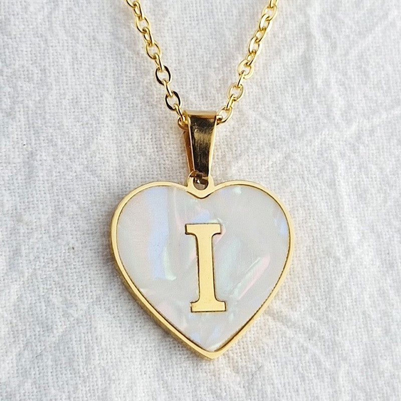 Wholesale 26 English Letters Heart Inlaid Shell Titanium Steel Necklace ACC-NE-DingChao002