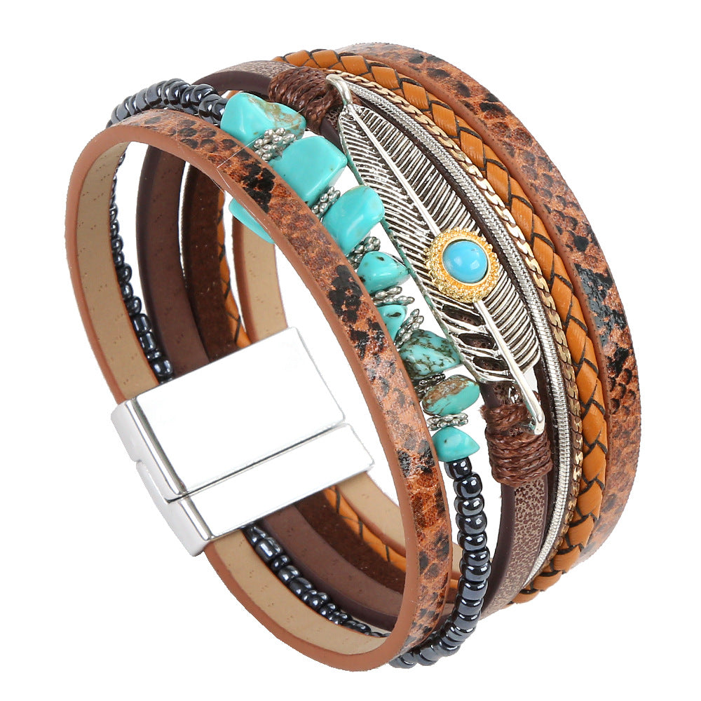 Wholesale Creative Vintage Boho Gravel Feather Leather Bracelet Bohemian ACC-BT-Hongx008