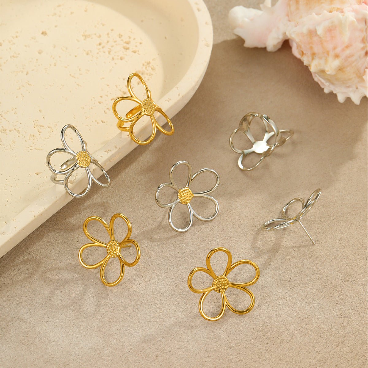 Wholesale  Gold and Silver Color Matching Hollow Flower Stainless Steel  Ring  Earrings
