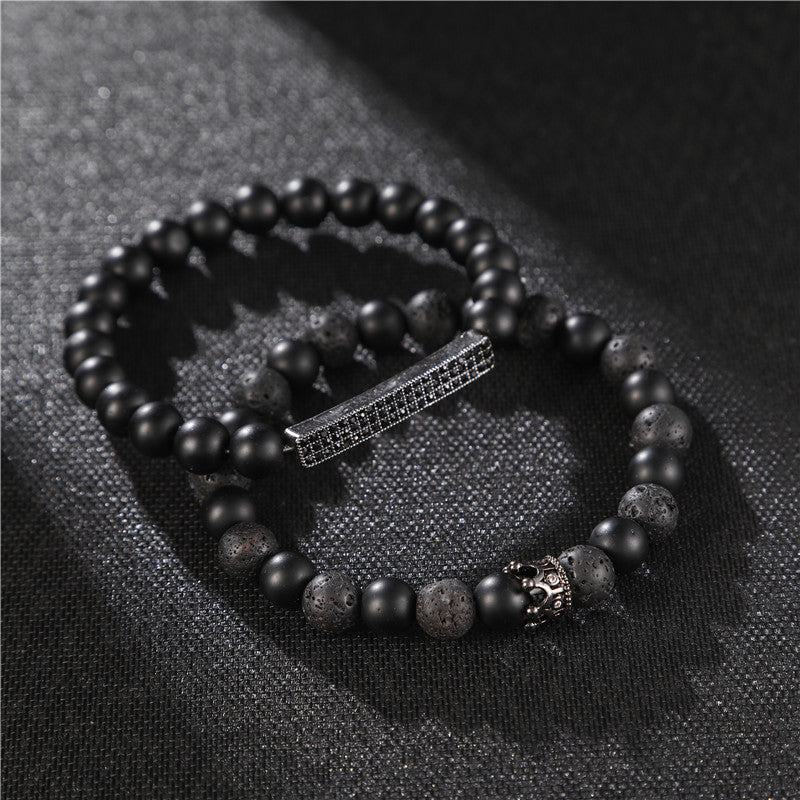 Wholesale Black Matte Stone Lava Stone Zircon Crown Bracelet