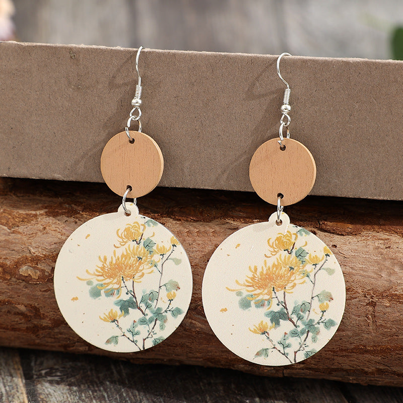 Wholesale Round printed flower stitching small wood pieces acrylic earrings
