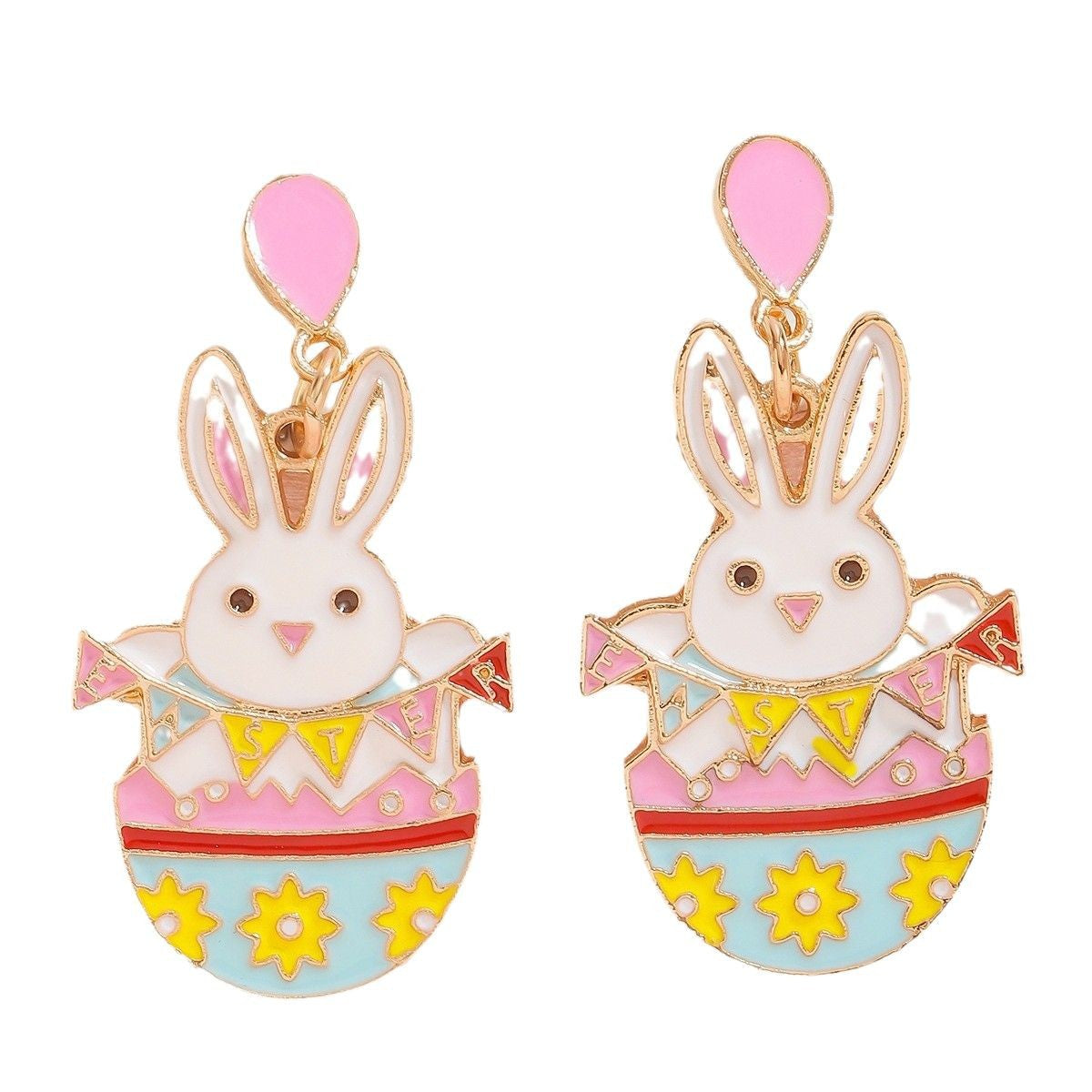 Wholesale Cute Easter Bunny Ear Dangle Earrings with Happy Lettering and Enamel Finish