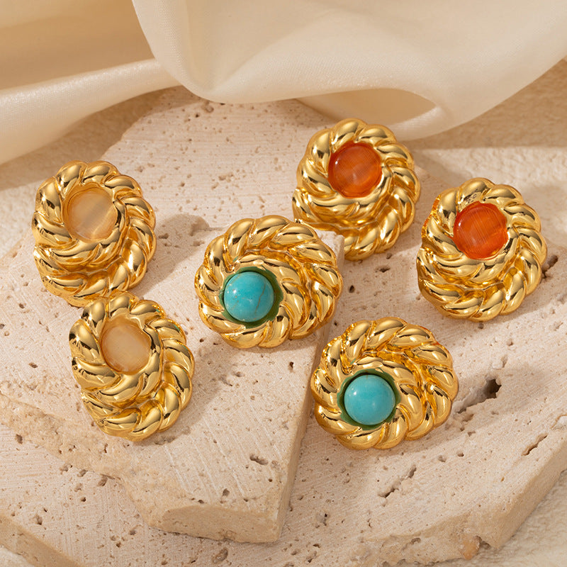 Wholesale Chic Layered Twist Stainless Steel Earrings Blue Pattern Fashion Jewelry Accessory for Women Resale