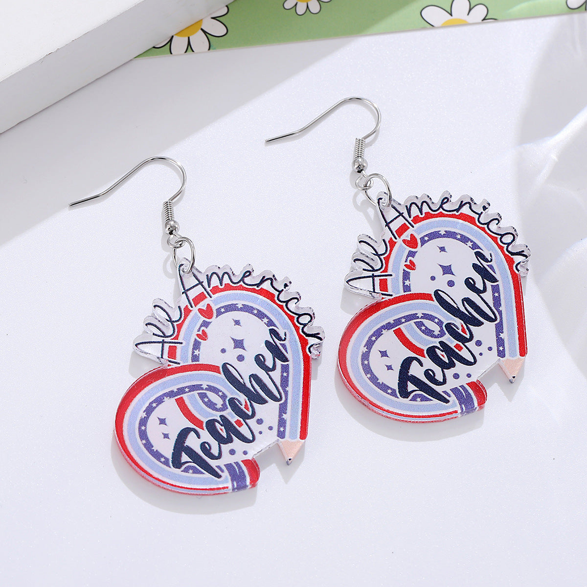 Wholesale Independence Day Red, White and Blue Pencil Heart Pendant Earrings