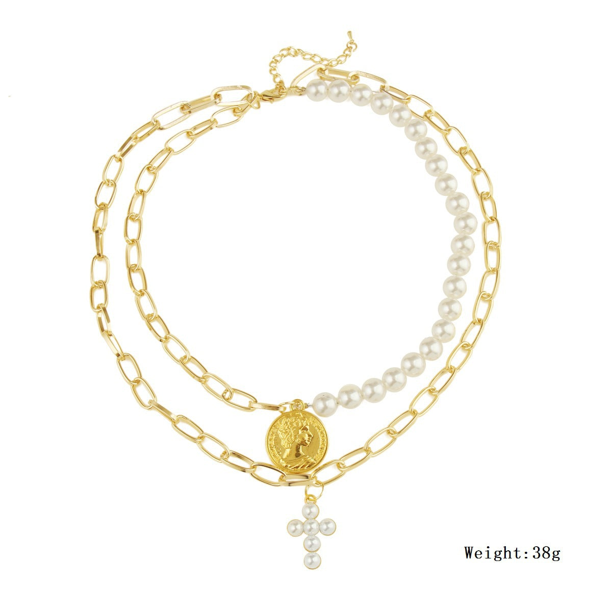 Wholesale Hot-Selling Fashion Pearl Cross Clavicle Pendant Double-Layer Chain Niche Design Women' s Necklace