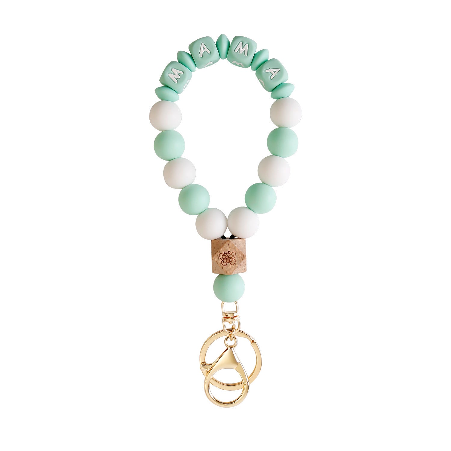 Wholesale MAMA Silicone Bracelet Keychain Butterfly Wooden Beads Beaded Mother's Day Keychain Wristlet Keychain ACC-KC-Jinz002