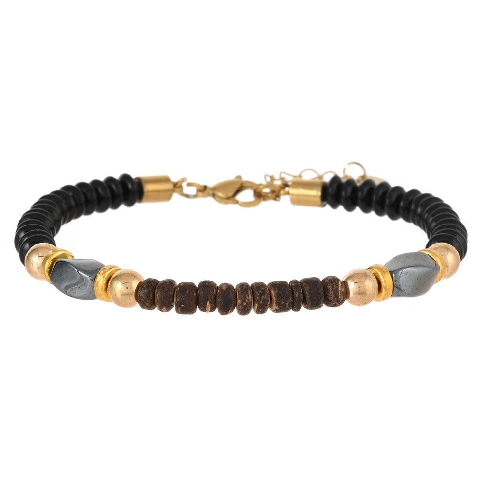 Wholesale Stainless Steel Black Gold Wooden Bead Obsidian Necklace