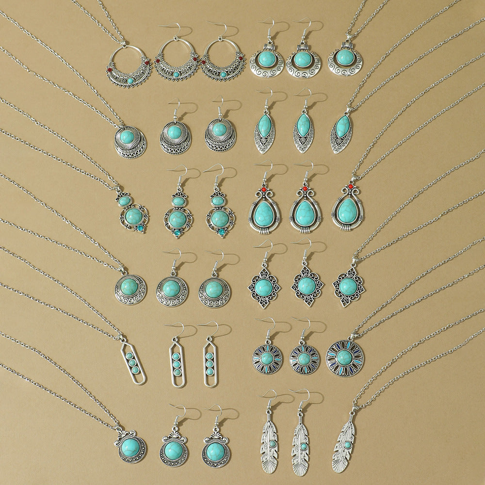 Wholesale Bohemian Turquoise Hollow Geometric Earrings and Necklace Set Fashion Accessory Gift