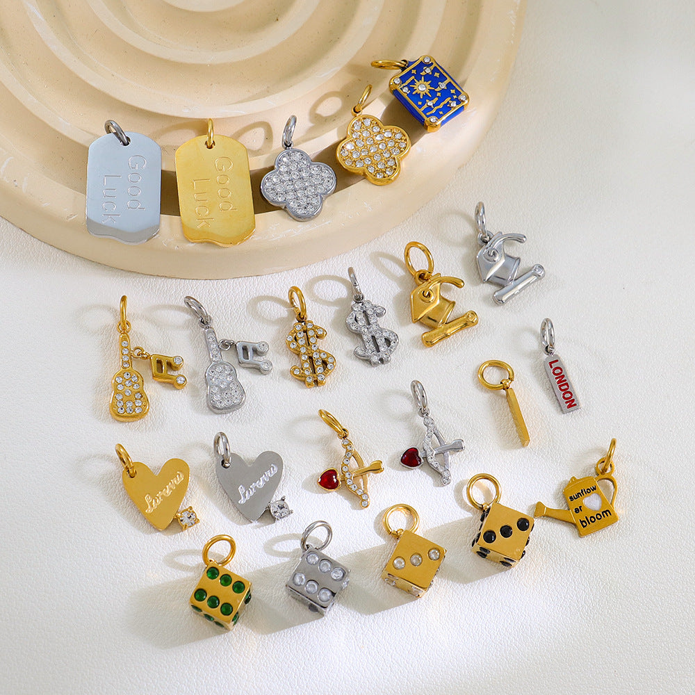 Wholesale Stainless Steel Lucky Dice Four-Leaf Clover Pendant - Gold Electroplated DIY Fashion Accessory