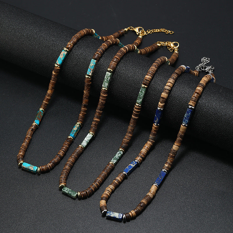 Wholesale Vintage Bohemian Summer Brown nut Shell Wood Bead Natural Stone Necklace for Men