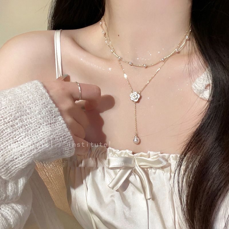 Wholesale Camellia Double-layer Pearl Choker Necklace