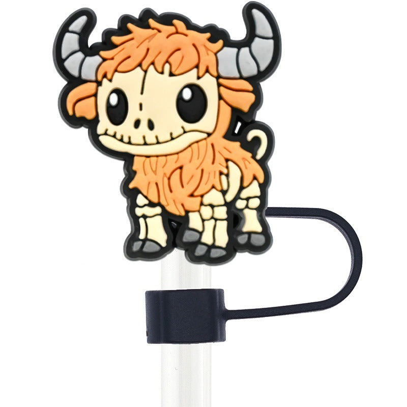 Wholesale Random 100pcs Cartoon Highland Cow  10mm PVC Soft Straw Tube Cap