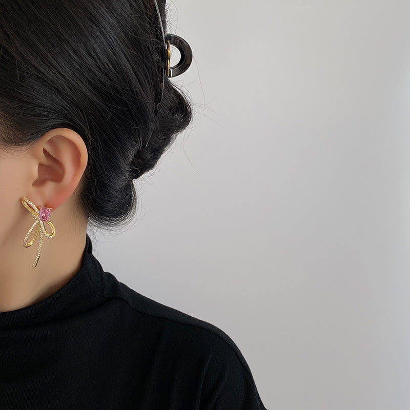 Wholesale Light Luxury Pink Bow Super Shiny Earrings ACC-ES-NingKa003