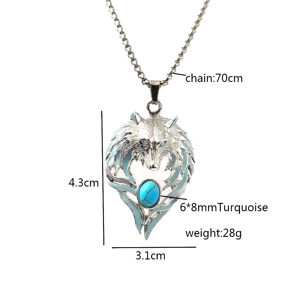 Wholesale Dark Wolf Head Vintage Turquoise Diamond Luminous Men' s Pendant