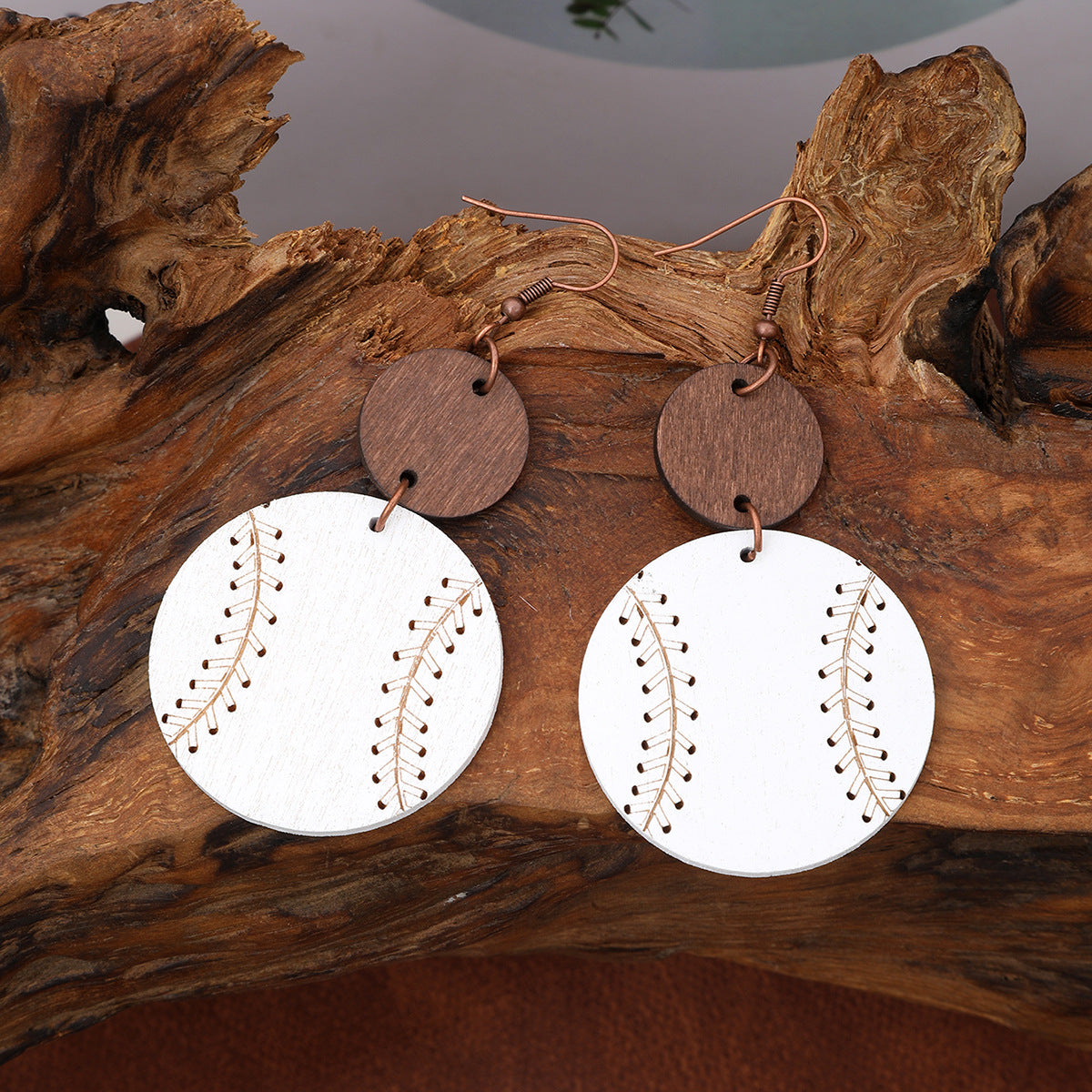 Wholesale Trendy Wooden Baseball Pattern Earrings for Women Geometric Sphere Design Boutique Resale Jewelry Accessory
