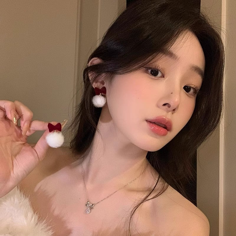 Wholesale Red Bow Plush Fluffy Ball Pendant Earrings